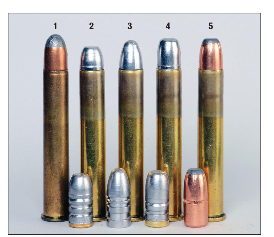 This lineup includes (1) an original Winchester .405 factory load with a 300-grain roundnose bullet, (2) handload with 280-grain FN gas check from a custom Brooks mould, (3) a 300-grain RN plain-base from Lyman mould 412263, (4) 300-grain FN gas check from Buffalo Arms mould 413300 and a (5) Hornady 300-grain JSP.